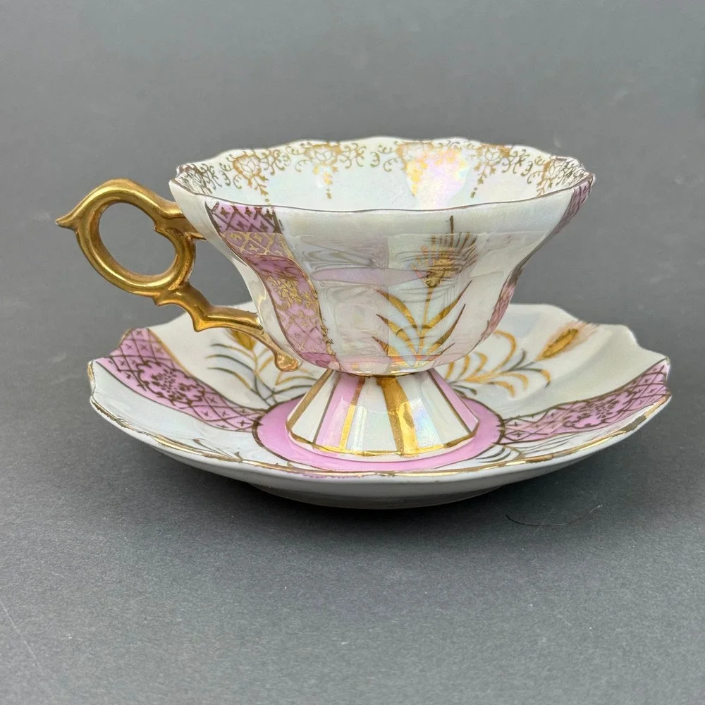 Vintage Teacup and Saucer Set Pink Gold Lusterware Iridescent hand painted